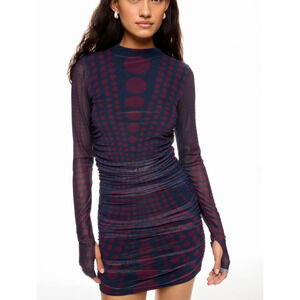 AFRM Blue Polkadot Ruched Mesh Bodycon Mini Dress SMALL Long Sleeve Party $88